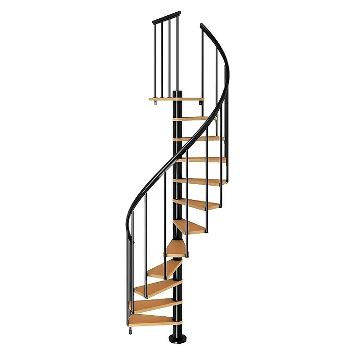 Dolle Spindeltreppe Calgary - Durchmesser: 140 cm, Anthrazit, Farbe Stufen: Buche Natur, Geschosshöhe: 244,8 cm - 280,8 cm - Eine elegante Wendeltreppe aus Holzstufen und schwarzem Metallgeländer vor einem schwarzen Hintergrund. Perfekt für stilvolle Innenräume.