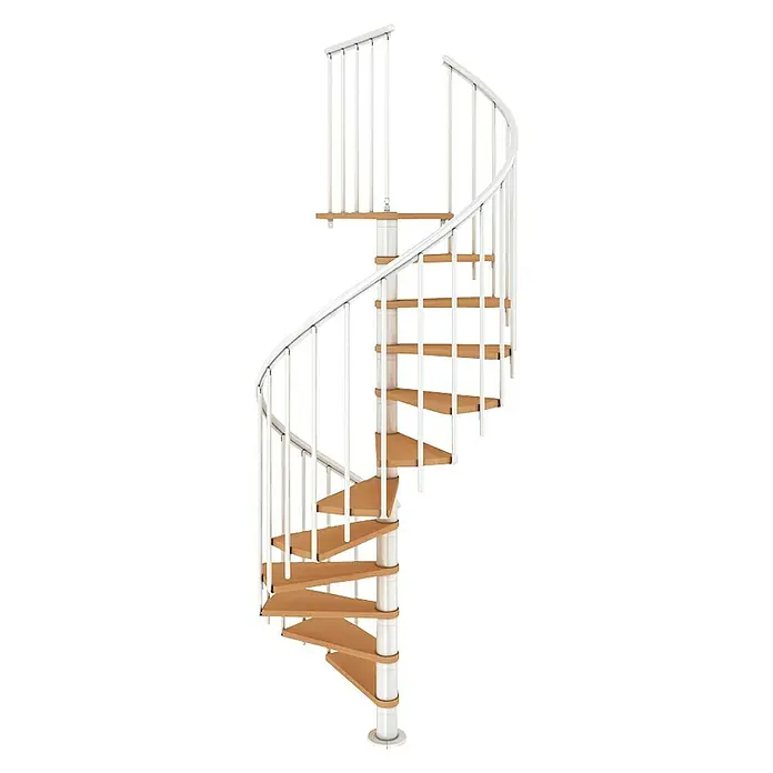 Dolle Spindeltreppe Montreal - Durchmesser: 120 cm, Weiß, Farbe Stufen: Buche Natur, Geschosshöhe: 252 cm - 282 cm - Weiße Wendeltreppe mit hellbraunen Holzstufen auf schwarzem Hintergrund. Praktische und elegante Treppe für Innenräume.