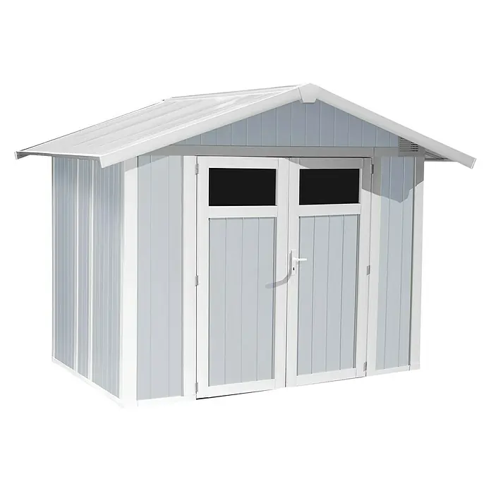 Grosfillex Caseta para jardín Utility - Medidas ext. (An x Pr): 295 x 261 cm, Plástico, Gris azulado - Un cobertizo de jardín azul claro con detalles blancos y techo a dos aguas, que proporciona espacio de almacenamiento exterior.