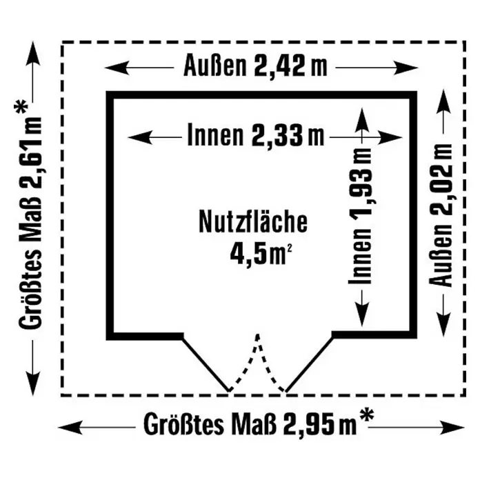 Grosfillex Gerätehaus Utility V4,9 - Außenmaß inkl. Dachüberstand (B x T): 295 x 261 cm, Kunststoff, Grau-blau - Bild einer schematischen Zeichnung mit Maßen eines Objekts, inklusive Außen-, Innen- und Nutzflächenangaben.