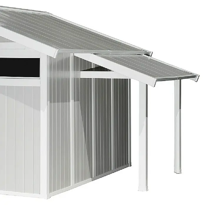 Grosfillex Schleppdach - Passend für: Grosfillex Gerätehäuser ab 7,5 m² - Moderne Gartenlaube mit grauem Metalldach und weißen Pfosten, ideal für den Außenbereich.
