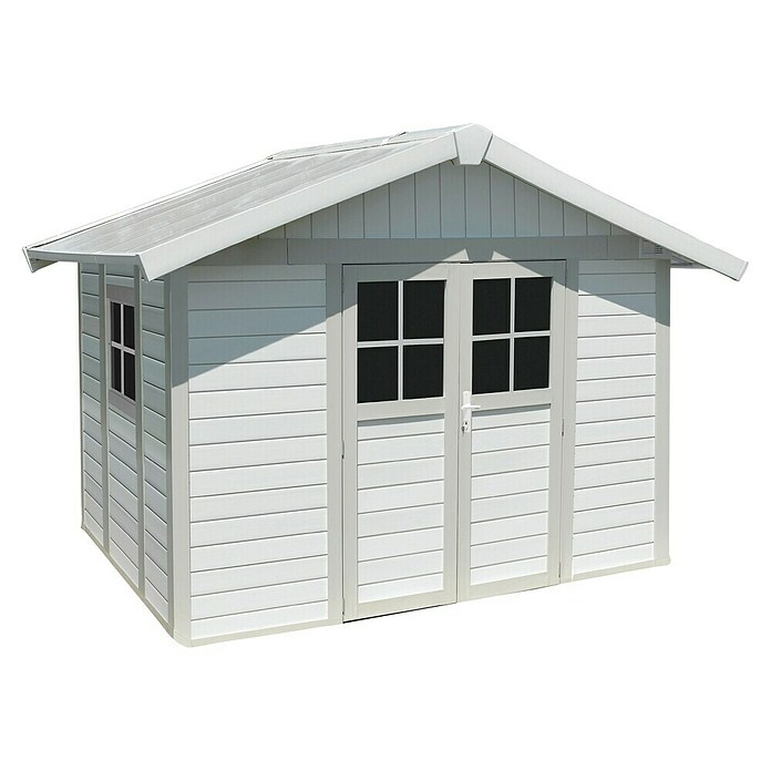 Grosfillex Gerätehaus Deco H7,5 (Außenmaß inkl. Dachüberstand (B x T): 370 x 298 cm, Kunststoff, Weiß/Grau-grün) | BAUHAUS