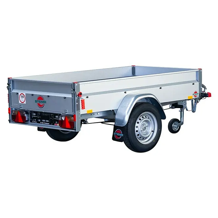 Stema Anhänger BASIC 1000 Kompakt - Nutzlast: 830 kg, Einachser, Kasteninnenmaß: 201 x 108 x 33 cm, Gebremst - Das Bild zeigt einen Stema Anhänger, ideal für den Transport von Gütern. Er bietet eine zuverlässige Lösung für vielfältige Transportbedürfnisse.