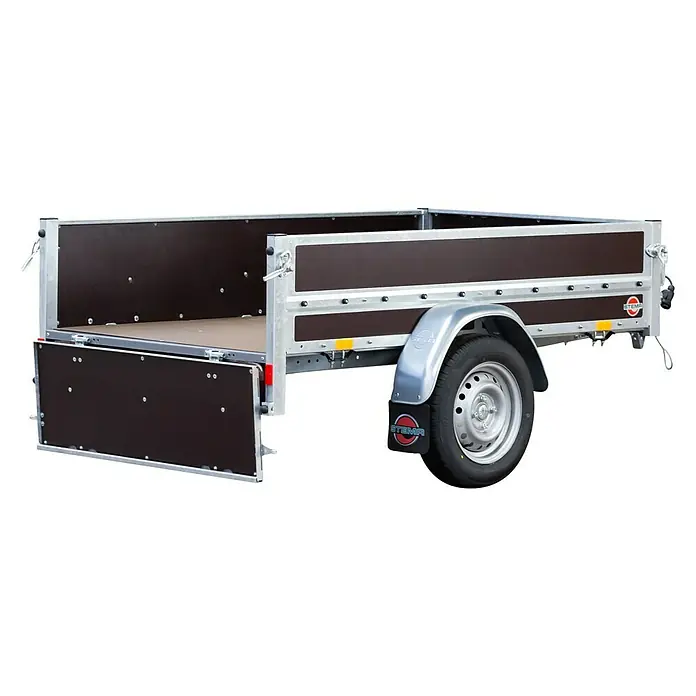 Stema Anhänger WOODOXX 750 - Nutzlast: 584 kg, Einachser, Kasteninnenmaß: 201 x 115 x 40 cm, Ungebremst - Produktansicht eines Stema Anhängers mit offener Heckklappe, ideal für vielfältige Transportaufgaben.