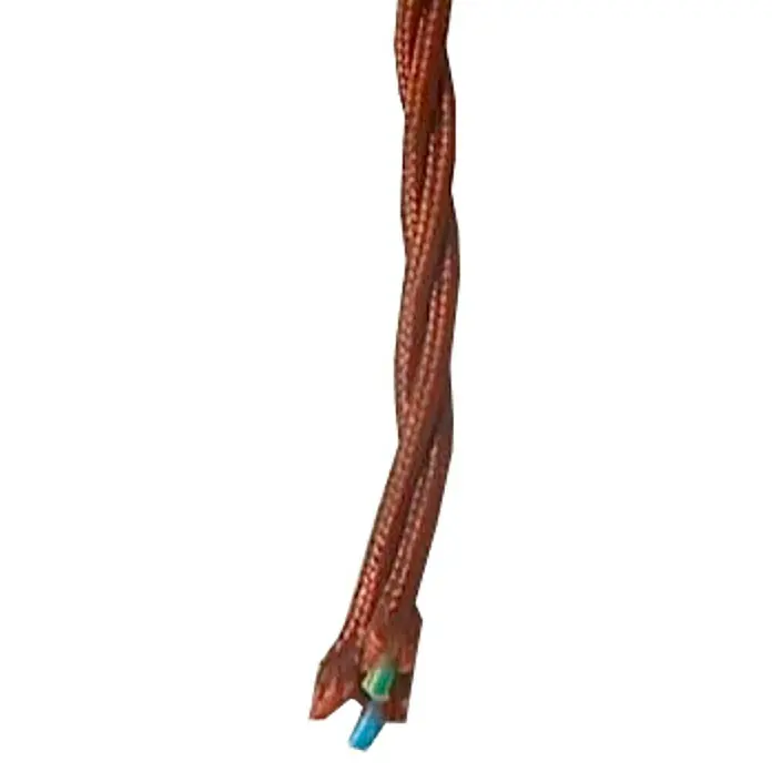 Bricable Cable textil cruzado - H07V-K, Número de cables: 2, Marrón, 5 m - Primer plano de un cable textil marrón trenzado con cables azules y verdes expuestos en el extremo.
