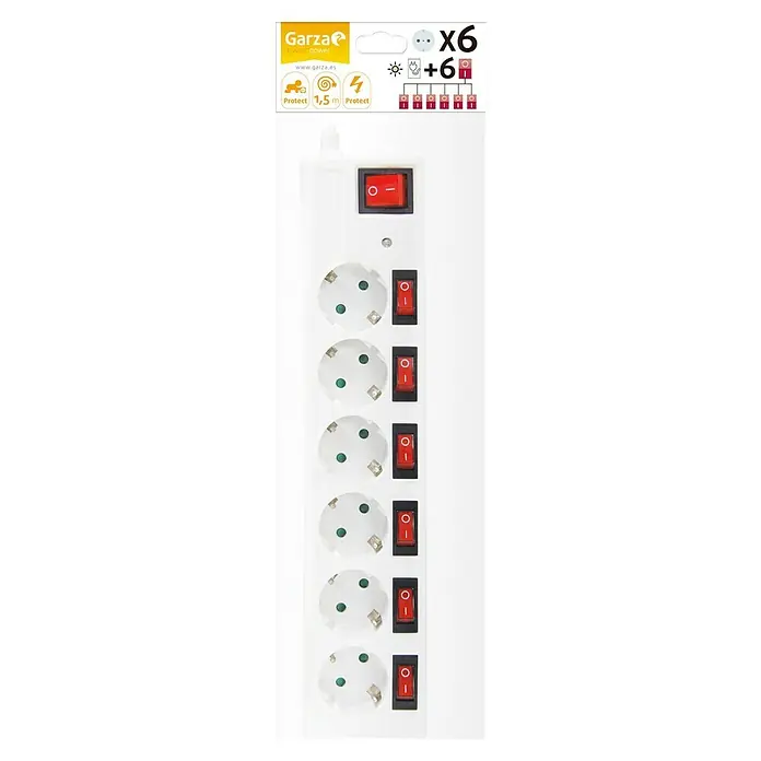 Garza Base de enchufe múltiple - Blanco, Longitud del cable: 1,5 m, Con interruptor - Aquí hay una regleta con seis enchufes e interruptores individuales. Perfecto para usar en casa o en la oficina.