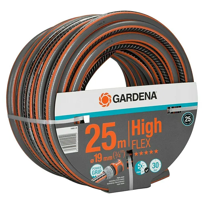 Gardena Manguera Comfort High Flex - Largo: 25 m, Diámetro tubo flexible: 19 mm - Un carrete de manguera de jardín Gardena High FLEX de 25 metros, ideal para tareas de riego.