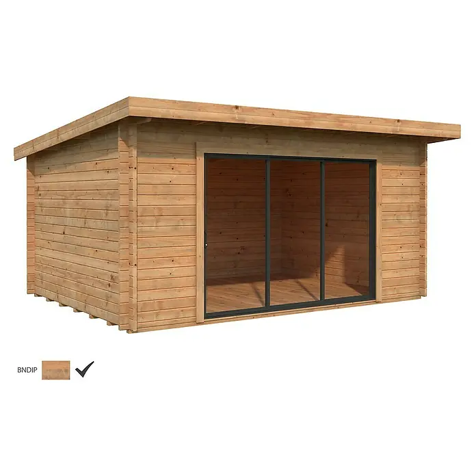 Palmako Gartenhaus Lea Slide Plus - Außenmaß inkl. Dachüberstand (B x T): 494 x 402 cm, Tauchgrundiertes Holz, Hellbraun - Modernes Holzgartenhaus mit Flachdach und großer Glasfront. Das Gartenhaus bietet viel Platz und ist ideal für Garten und Freizeit.