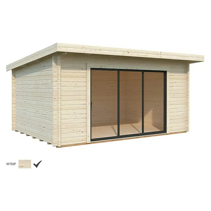 Palmako Gartenhaus Lea Slide Plus - Außenmaß inkl. Dachüberstand (B x T): 494 x 402 cm, Tauchgrundiertes Holz, Natur - Modernes Gartenhaus mit grosser Fensterfront für viel Tageslicht und einem einladenden Ambiente.