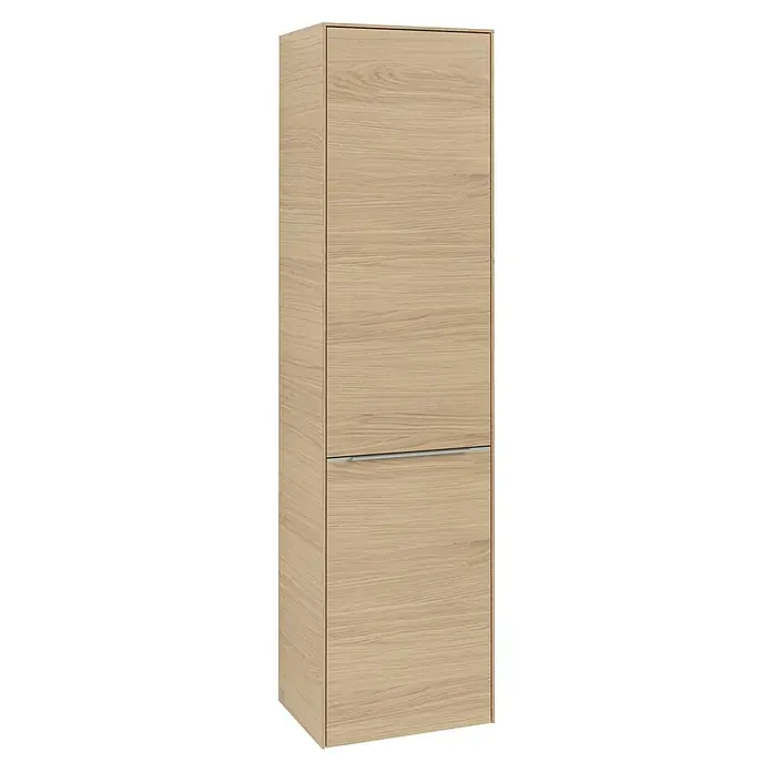 Villeroy & Boch Subway 3.0 Hochschrank - B x T x H: 40 x 36,2 x 171 cm, 1x Klappe mit Wäschekorb, 1x Tür, Nordik oak, Farbe Griff: Aluminium glänzend, DIN Anschlag: Links - Dieser Artikel zeigt einen eleganten, hölzernen Schuhschrank, ideal für eine stilvolle und ordentliche Aufbewahrung von Schuhen im Flur.