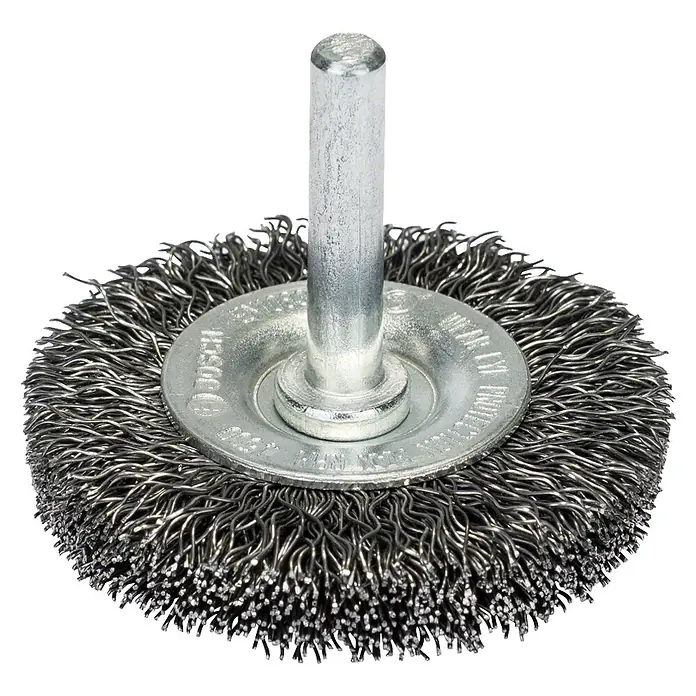Bosch Scheiben-Drahtbürste - Passend für: Bohrfutter, Durchmesser: 75 mm, Breite: 10 mm, Gewellt - Abgebildete ist eine kreisförmige Drahtbürste mit einem Metallschaft in der Mitte, die zum Reinigen oder Entgraten von Oberflächen verwendet wird.