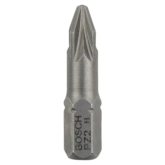 Bosch Punta Extra Hard C - PZ 2, 25 mm, 3 ud. - Primer plano de una punta de destornillador Bosch PZ2. La broca duradera es ideal para tareas de atornillado y proporciona un ajuste seguro.