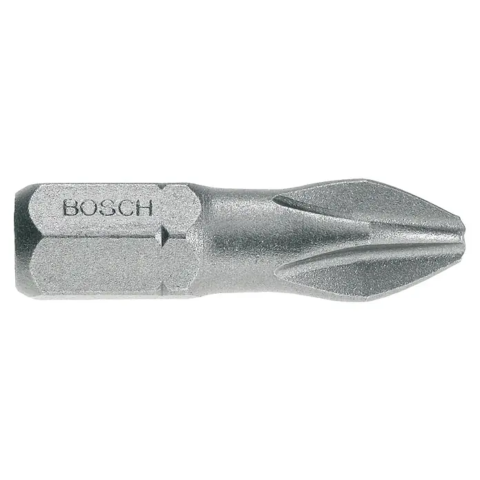 Bosch Punta Extra Hard C - PH 2, 25 mm, 3 ud. - Primer plano de una punta de destornillador Phillips de Bosch, ideal para aficionados al bricolaje y aplicaciones profesionales.