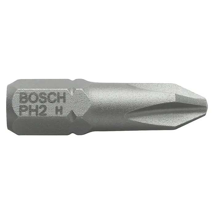 Bosch Punta Extra Hard C - PH 2, 25 mm, 3 ud. - Primer plano de una punta de destornillador Bosch PH2 H, ideal para diversas tareas de atornillado y aplicaciones robustas.