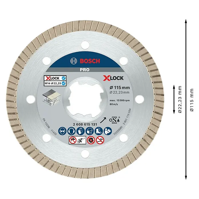 Bosch Professional X-Lock Disco de corte Best for Ceramic Extra Clean Turbo - Orificio: 22,23 mm - Imagen de un disco de corte Bosch Pro X-Lock, de 115 mm de diámetro, diseñado para aplicaciones profesionales.