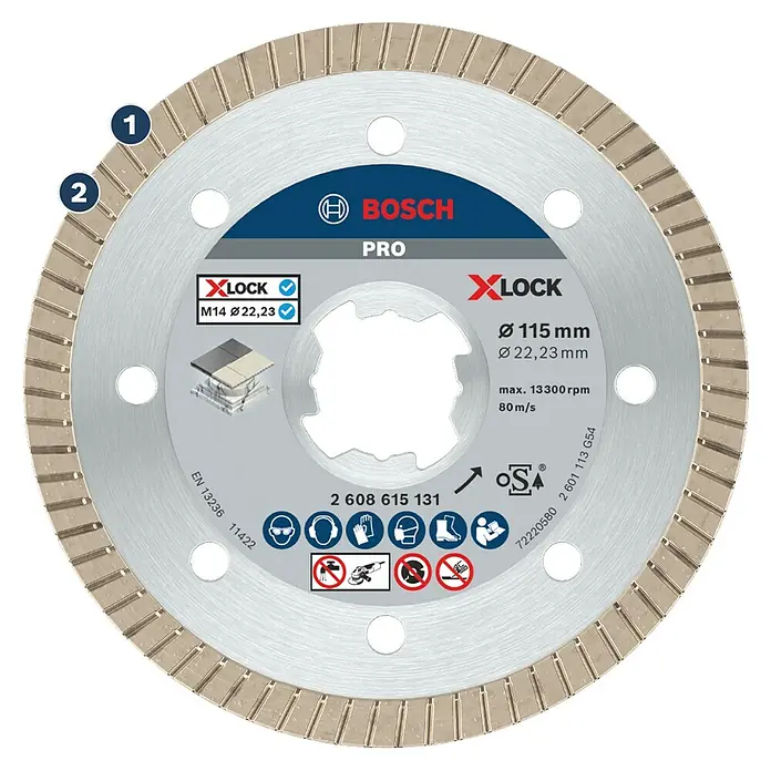 Bosch Professional X-Lock Disco de corte Best for Ceramic Extra Clean Turbo - Orificio: 22,23 mm - Imagen de un disco de corte de diamante Bosch X-LOCK Pro para amoladoras angulares con montaje X-LOCK para cambios de herramienta rápidos y seguros.
