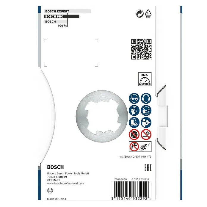 Bosch Professional X-Lock Disco de corte Best for Ceramic Extra Clean Turbo - Orificio: 22,23 mm - En la imagen se muestra el embalaje de un disco de corte Bosch Pro, destacando las precauciones de seguridad y especificaciones para uso profesional.