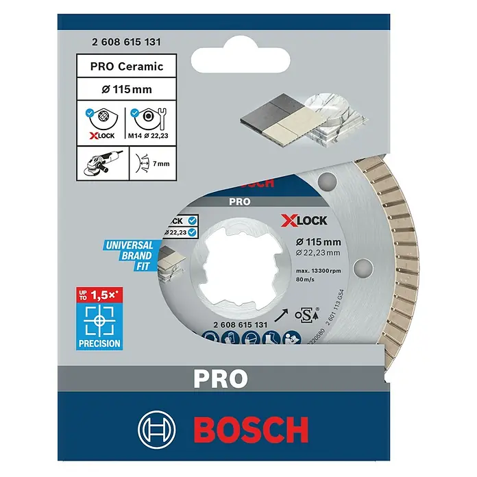 Bosch Professional X-Lock Disco de corte Best for Ceramic Extra Clean Turbo - Orificio: 22,23 mm - Imagen del disco de corte Bosch PRO Ceramic con montaje X-LOCK, diámetro 115 mm, para corte preciso de baldosas cerámicas.