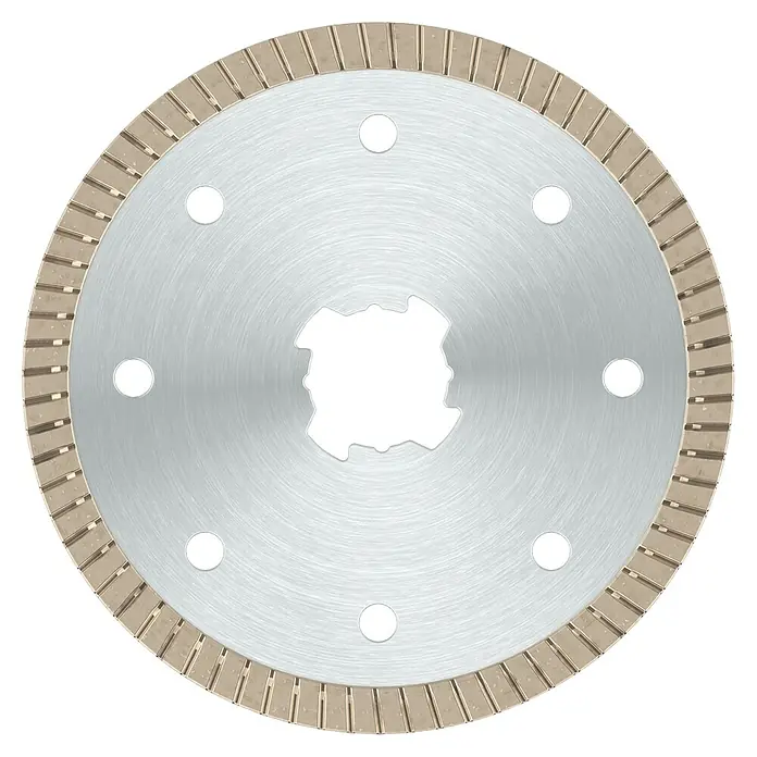 Bosch Professional X-Lock Disco de corte Best for Ceramic Extra Clean Turbo - Orificio: 22,23 mm - Primer plano de un disco de corte de diamante con un borde segmentado, diseñado para cortes precisos en diversos materiales.