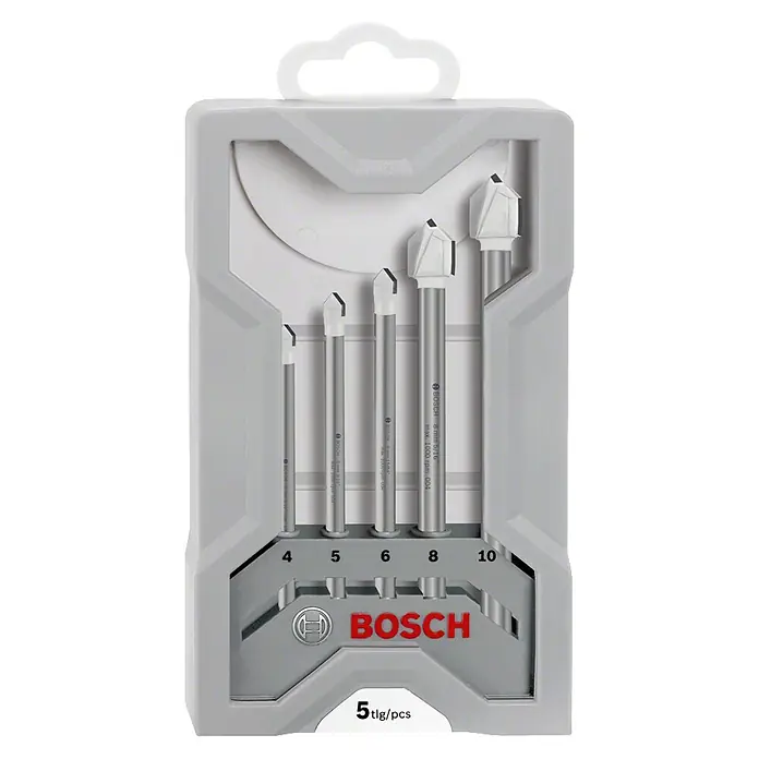 Bosch Broca para baldosas CYL-9 - 5 pzs. - La imagen muestra un juego de brocas para azulejos Bosch con cinco piezas de diferentes tamaños, empaquetado en una caja de plástico gris.