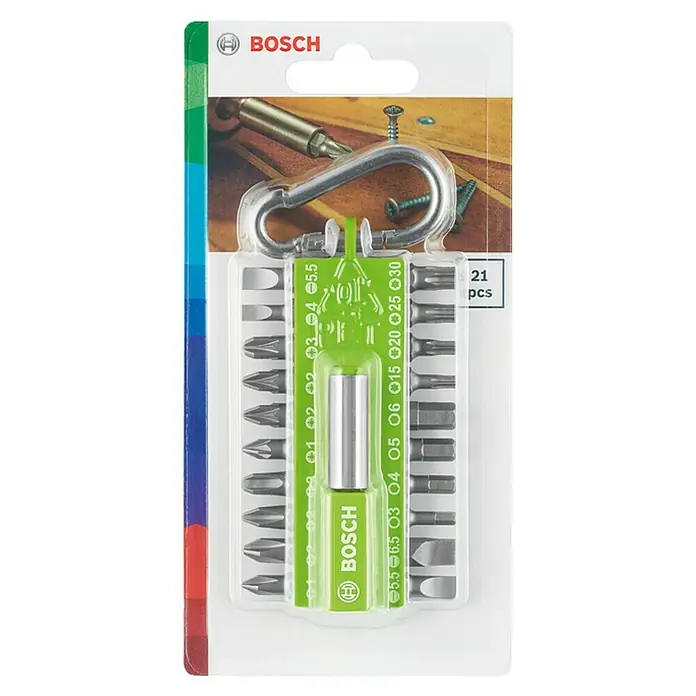 Bosch Set de puntas - 21 pzs., Verde - Primer plano de un juego de puntas de destornillador Bosch, que muestra varios tamaños y tipos de puntas para diversas aplicaciones de atornillado.
