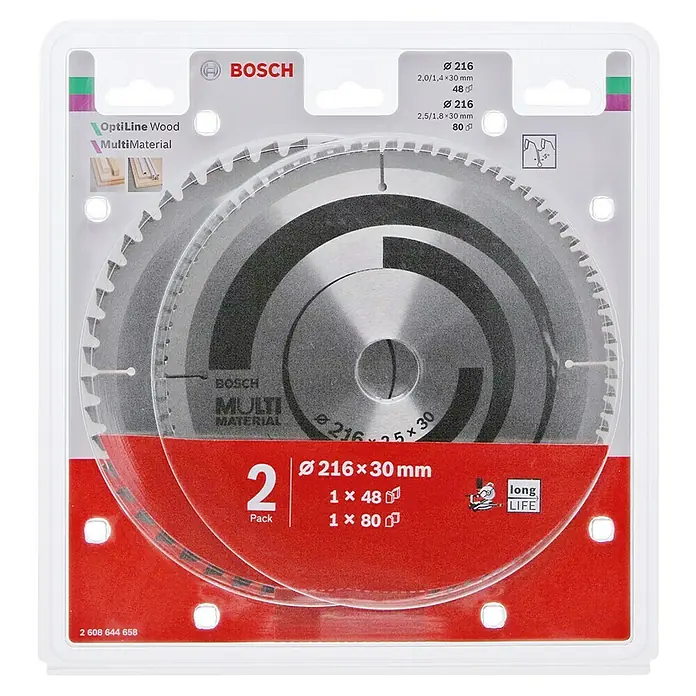 Bosch Disco de sierra Optiline Wood + Multi Material - 216 mm, Orificio: 30 mm, Cantidad total: 2 pzs. - Paquete doble de hojas de sierra circular Bosch Optiline Wood/MultiMaterial, Ø 216 mm, para madera y diversos materiales, larga vida útil.