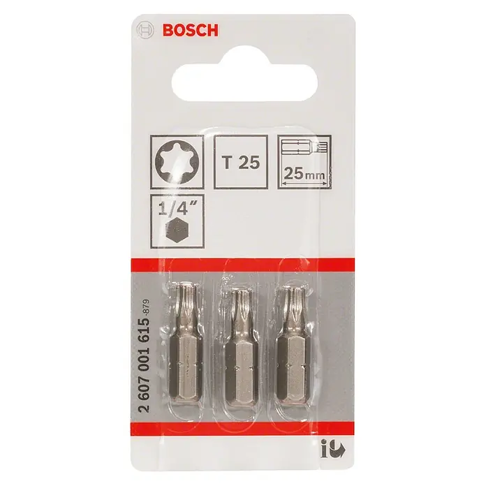 Bosch Punta Extra Hard C - T25, 25 mm, 3 ud. - Imagen de un paquete de puntas de destornillador Bosch T25 con tres puntas de 25 mm de largo, perfectas para atornillar y herramientas eléctricas.