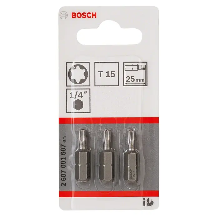 Bosch Punta Extra Hard C - T15, 25 mm, 3 ud. - Juego de 3 puntas Torx T15 de Bosch, longitud de 25 mm, inserción de 1/4". Ideal para trabajos de taller y bricolaje.