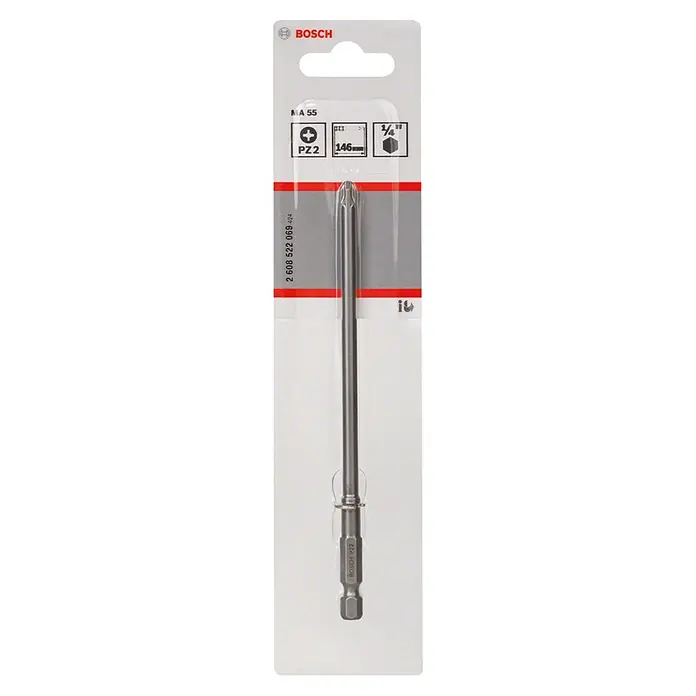 Bosch Punta Extra Hard E - PZ 2, 145 mm, 3 ud. - Imagen de un tornillo Bosch MA 55 con accionamiento PZ2 y una longitud de 146 mm para trabajos de atornillado profesionales.