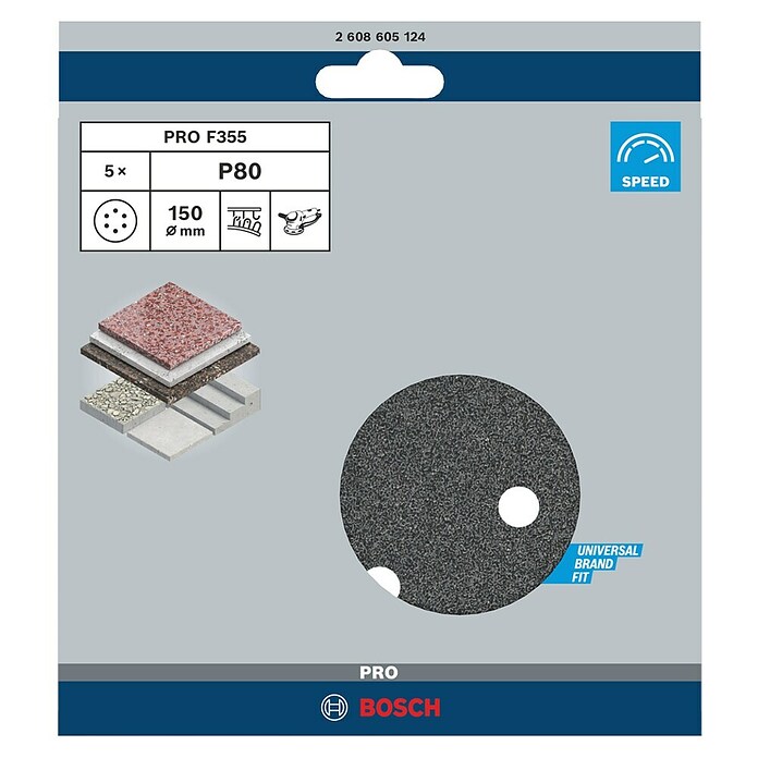 Bosch Set de hojas de lija F355 Best for Coatings and Composites (Diámetro: 150 mm, Grano: 80, 6 agujeros) | BAUHAUS