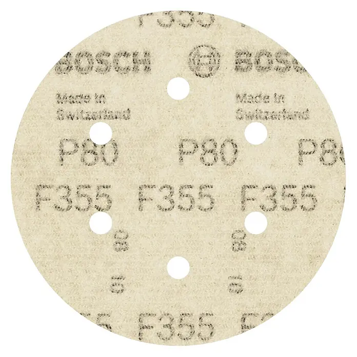 Bosch Set de hojas de lija F355 Best for Coatings and Composites - Grano: 80 mm, 5 ud., Diámetro: 150 mm - Primer plano de un disco de lija Bosch P80 F355, fabricado en Suiza, ideal para tareas de lijado.