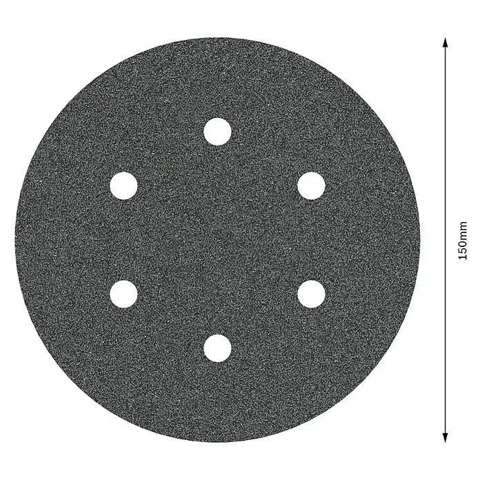 Bosch Set de hojas de lija F355 Best for Coatings and Composites - Grano: 80 mm, 5 ud., Diámetro: 150 mm - Imagen de un disco de lija de 150 mm con seis agujeros, diseñado para tareas de lijado y un acabado suave.
