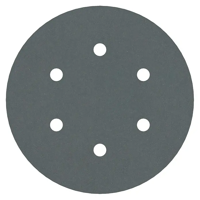 Bosch Set de hojas de lija F355 Best for Coatings and Composites - Grano: 600 mm, 5 ud., Diámetro: 150 mm - Primer plano de un disco de lijado redondo con múltiples orificios para la extracción de polvo, ideal para aplicaciones de lijado.