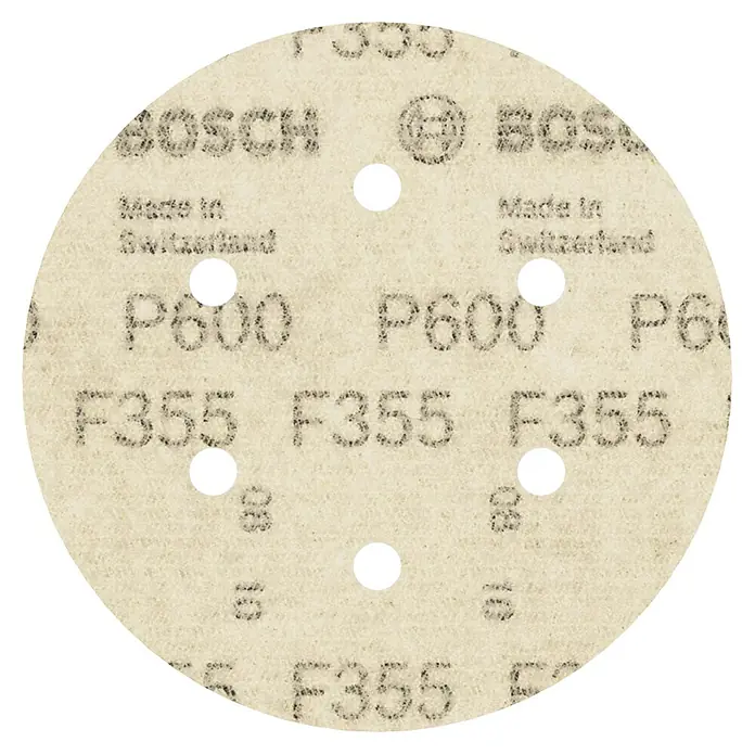Bosch Set de hojas de lija F355 Best for Coatings and Composites - Grano: 600 mm, 5 ud., Diámetro: 150 mm - La imagen muestra un disco de lijado Bosch con grano P600 y designación F355, fabricado en Suiza, mostrando su calidad.