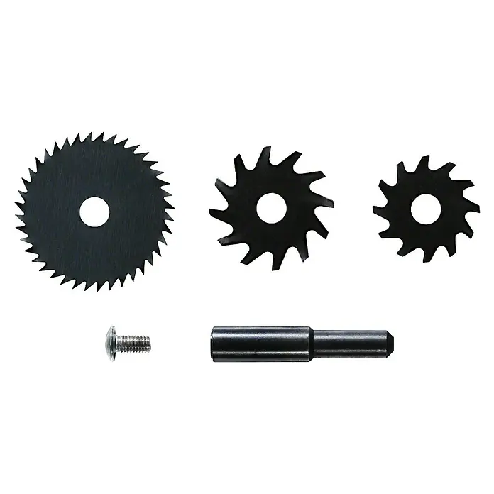 Craftomat Fräser-Set - 4 -tlg. - Nahaufnahme von Zahnrädern, einer Schraube und einer Metallstange vor schwarzem Hintergrund.