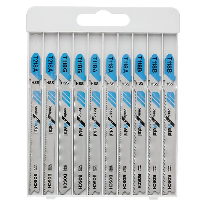 Bosch Juego de hojas de sierra de calar - Metal, 10 pzs. - Primer plano de un paquete de hojas de sierra de calar Bosch para metal en varios diseños como T218A, T118G y T118B.