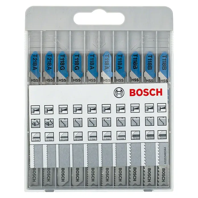 Bosch Juego de hojas de sierra de calar - Metal, 10 pzs. - Juego de hojas de sierra de calar Bosch con hojas surtidas para madera y metal, ideal para cortes precisos.