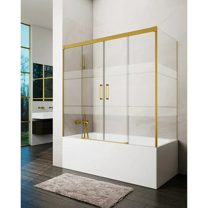 GME Mampara para bañera Basic - An x Al: 182 x 150 cm, Vidrio serigrafiado, Oro, Lateral 75 - Elegante bañera con mampara de ducha dorada. El diseño de vidrio añade un toque moderno al baño.