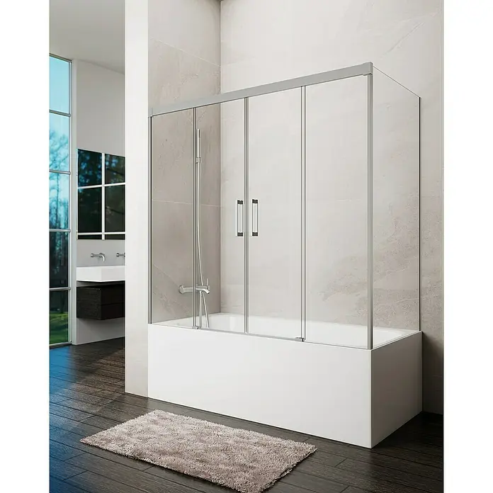 GME Mampara para bañera Basic - An x Al: 182 x 150 cm, Vidrio transparente, Níquel, Lateral 75 - Bañera con puertas correderas de vidrio como cabina de ducha. La mampara de ducha ofrece protección contra las salpicaduras al ducharse en la bañera.