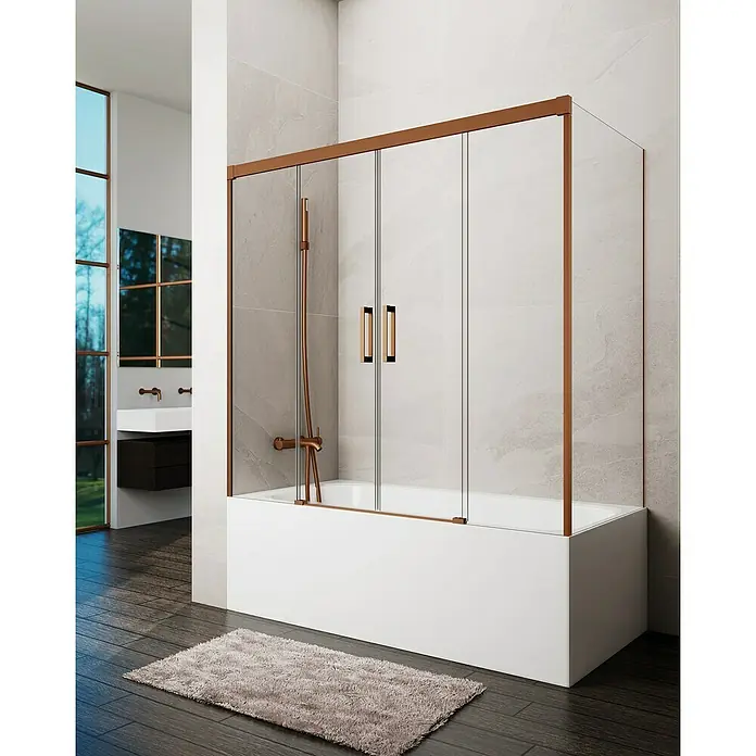GME Mampara para bañera Basic - An x Al: 162 x 150 cm, Vidrio transparente, Cobre, Lateral 70 - Mampara de ducha con marco de bronce. Elegante mampara de ducha para bañeras con vidrio transparente y marco y manijas de bronce para un diseño de baño moderno.