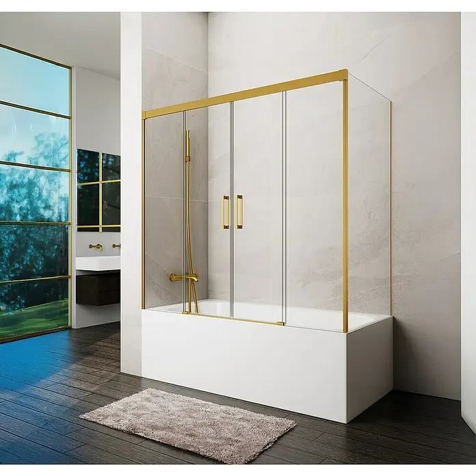 GME Mampara para bañera Basic - An x Al: 162 x 150 cm, Vidrio transparente, Oro, Lateral 75 - Elegante mampara de bañera con detalles dorados. La mampara de ducha con los perfiles dorados le da un toque de lujo al baño.