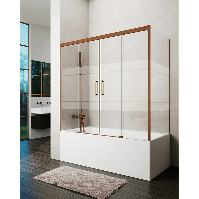 GME Mampara para bañera Basic - An x Al: 182 x 150 cm, Vidrio serigrafiado, Cobre, Lateral 75 - Elegante bañera con mampara: Diseño moderno con líneas limpias y detalles en bronce para un baño con estilo.