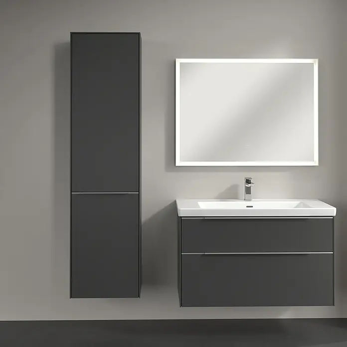 Villeroy & Boch Subway 3.0 Hochschrank - B x T x H: 40 x 36,2 x 171 cm, 1x Klappe mit Wäschekorb, 1x Tür, Graphite, Farbe Griff: Aluminium glänzend, DIN Anschlag: Links - Moderne Badezimmerkonsole mit Waschbecken, Spiegelschrank und Hängeschrank in Anthrazit. Stilvolles Design für Ihr Badezimmer.