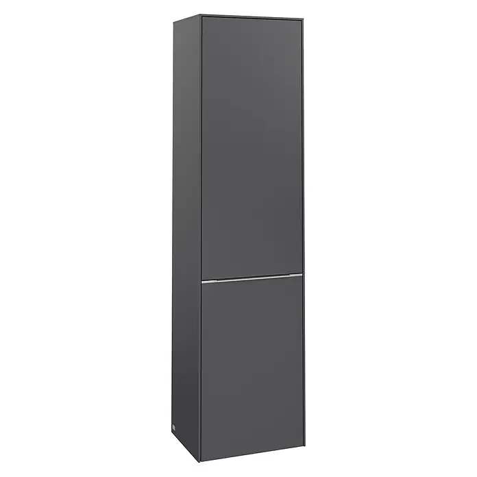 Villeroy & Boch Subway 3.0 Hochschrank - B x T x H: 40 x 36,2 x 171 cm, 1x Klappe mit Wäschekorb, 1x Tür, Graphite, Farbe Griff: Aluminium glänzend, DIN Anschlag: Links - Ein hochformatiger, grauer Kühlschrank mit zwei Türen und einem schmalen, horizontalen Griff in der Mitte. Er ist modern und schlicht im Design.