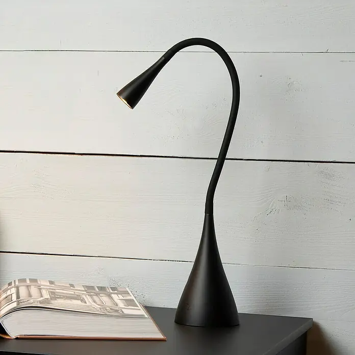 Lucide Zozy LED-Tischleuchte - 4 W, L x B x H: 11,2 x 11,2 x 48,5 cm, Schwarz, Neutralweiß - Elegante schwarze Schreibtischlampe mit flexiblem Arm und kegelförmigem Fuß, ideal für den modernen Arbeitsplatz.