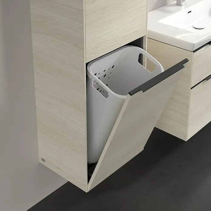 Villeroy & Boch Subway 3.0 Hochschrank - B x T x H: 40 x 36,2 x 171 cm, 1x Klappe mit Wäschekorb, 1x Tür, White Oak, Farbe Griff: Volcano black, DIN Anschlag: Links - Badezimmer-Wäschesortierer: Eine stilvolle und praktische Lösung zur Organisation Ihrer Wäsche im Badezimmer. Mit Kippöffnung und Wäschekorb.