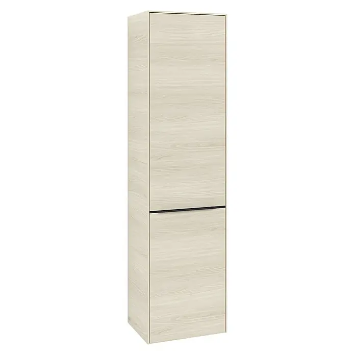Villeroy & Boch Subway 3.0 Hochschrank - B x T x H: 40 x 36,2 x 171 cm, 1x Klappe mit Wäschekorb, 1x Tür, White Oak, Farbe Griff: Volcano black, DIN Anschlag: Links - Ein schlanker, zweiteiliger Holzschrank mit einer markanten horizontalen Linie, die die obere und untere Hälfte trennt.