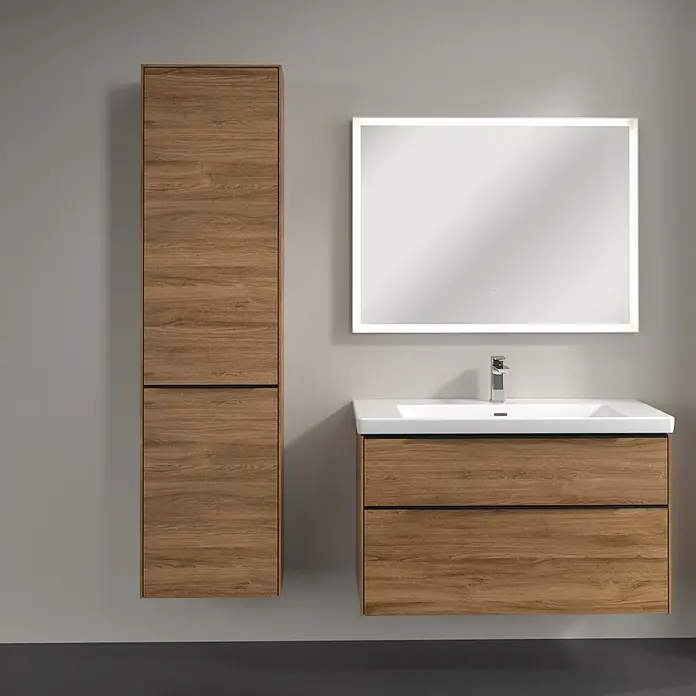 Villeroy & Boch Subway 3.0 Hochschrank - B x T x H: 40 x 36,2 x 171 cm, 1x Klappe mit Wäschekorb, 1x Tür, Kansas Oak, Farbe Griff: Volcano black, DIN Anschlag: Links - Modernes Badezimmer-Set mit Holzschrank, Waschtisch mit zwei Schubladen und beleuchtetem Spiegel für ein stilvolles Ambiente.