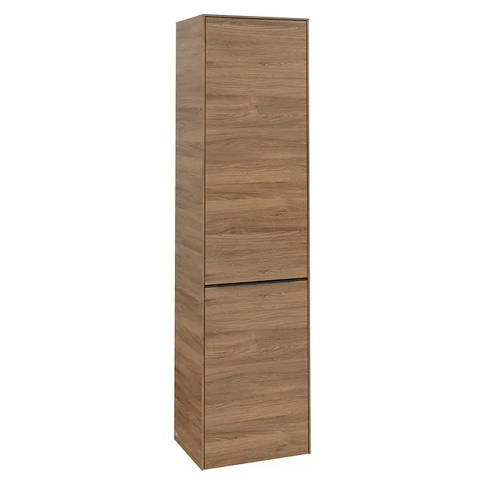 Villeroy & Boch Subway 3.0 Hochschrank - B x T x H: 40 x 36,2 x 171 cm, 1x Klappe mit Wäschekorb, 1x Tür, Kansas Oak, Farbe Griff: Volcano black, DIN Anschlag: Links - Ein hochformatiger Holzschrank mit zwei Abschnitten, der eine schlichte und moderne Ästhetik für jeden Raum bietet.