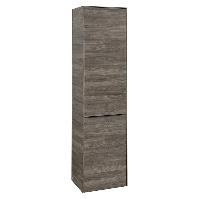 Villeroy & Boch Subway 3.0 Hochschrank - B x T x H: 40 x 36,2 x 171 cm, 1x Klappe mit Wäschekorb, 1x Tür, Stone Oak, Farbe Griff: Volcano black, DIN Anschlag: Links - Ein schlanker, graubrauner Holzschrank mit schlichtem, modernem Design, ideal für zusätzlichen Stauraum.